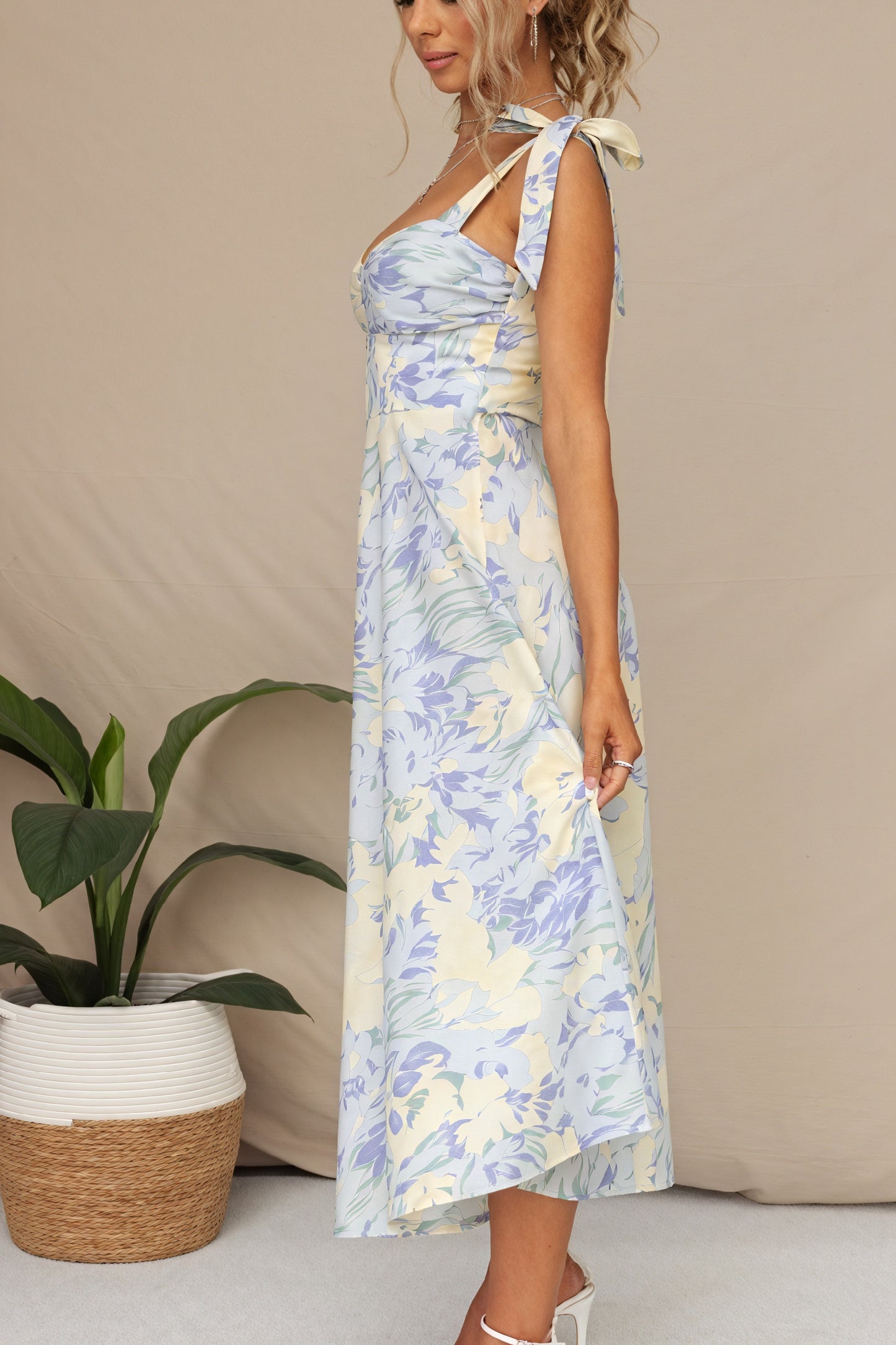 Floral Midi Dress - Tie Straps, Sweetheart Neck