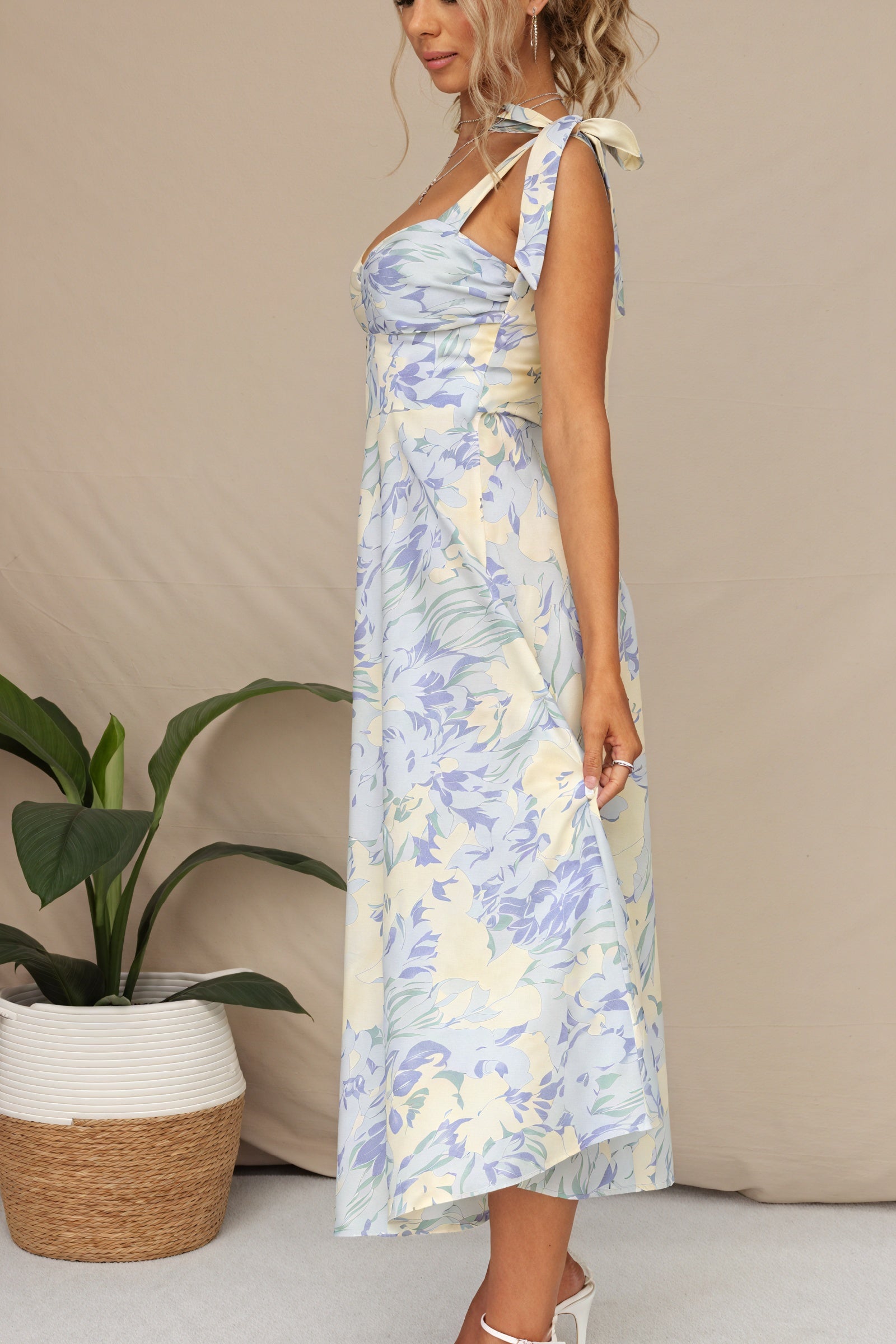 Floral Midi Dress - Tie Straps, Sweetheart Neck