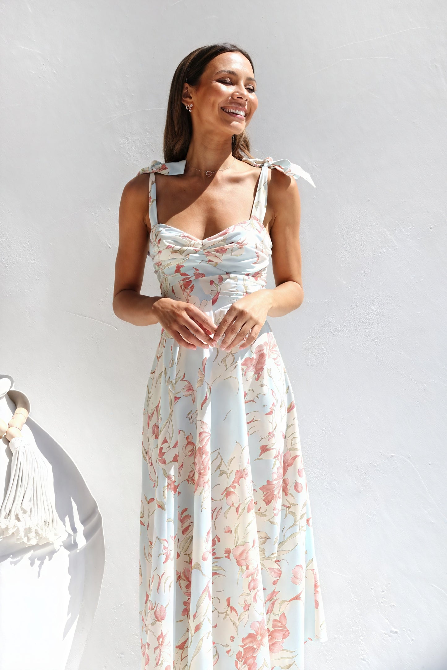 Floral Midi Dress - Tie Straps, Sweetheart Neck