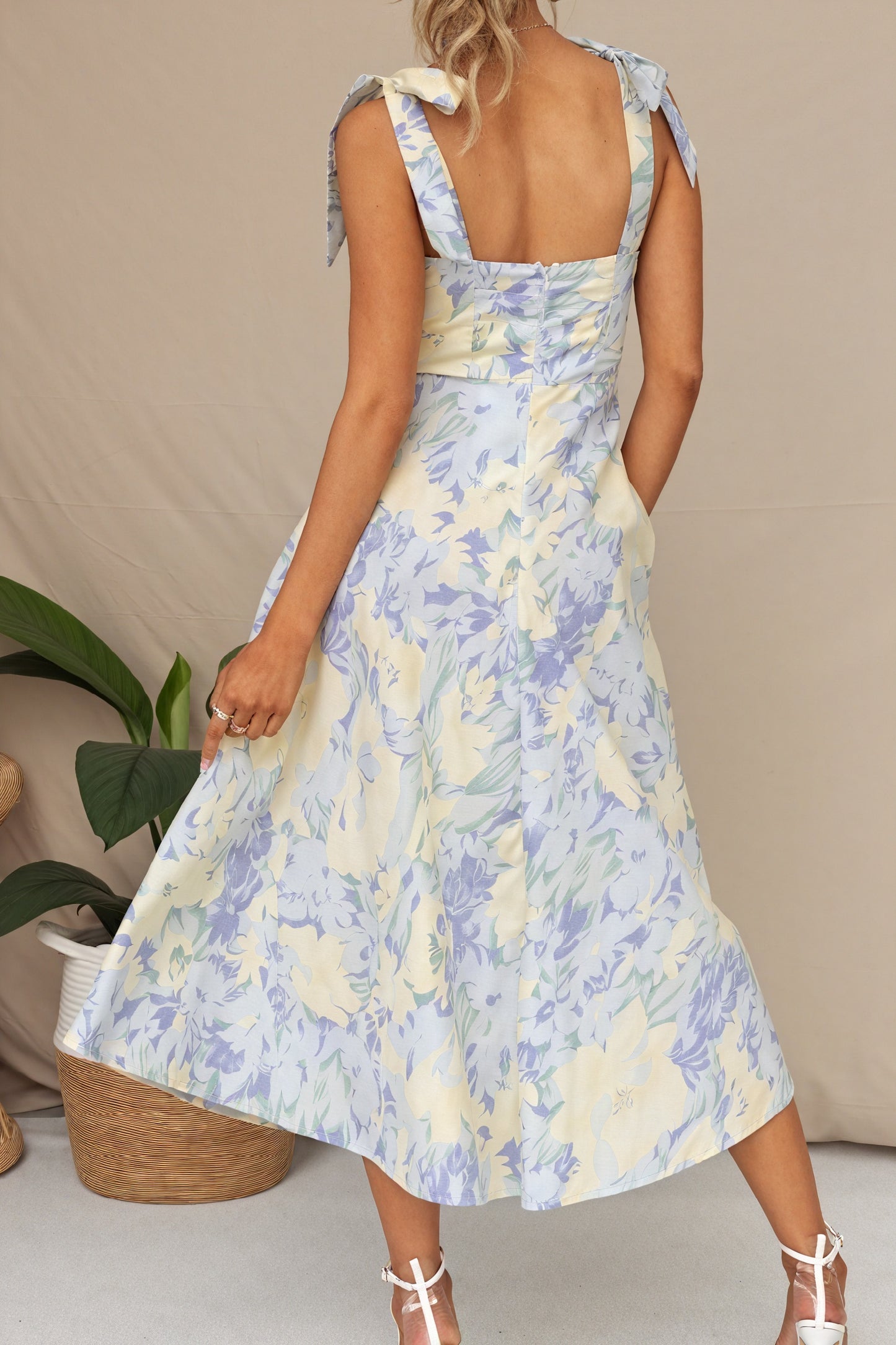 Floral Midi Dress - Tie Straps, Sweetheart Neck