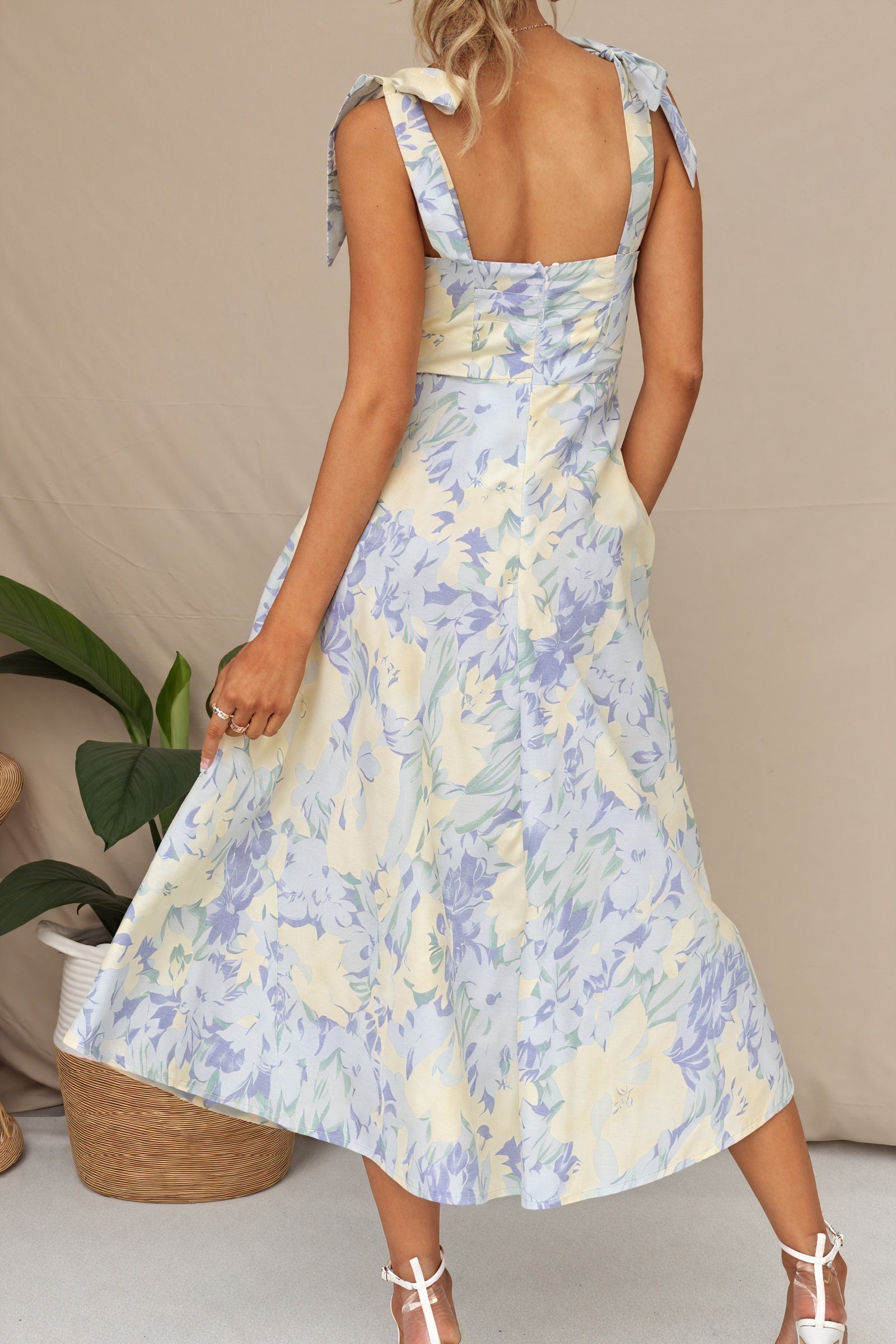 Floral Midi Dress - Tie Straps, Sweetheart Neck