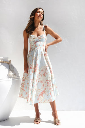Floral Midi Dress - Tie Straps, Sweetheart Neck