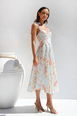 Floral Midi Dress - Tie Straps, Sweetheart Neck