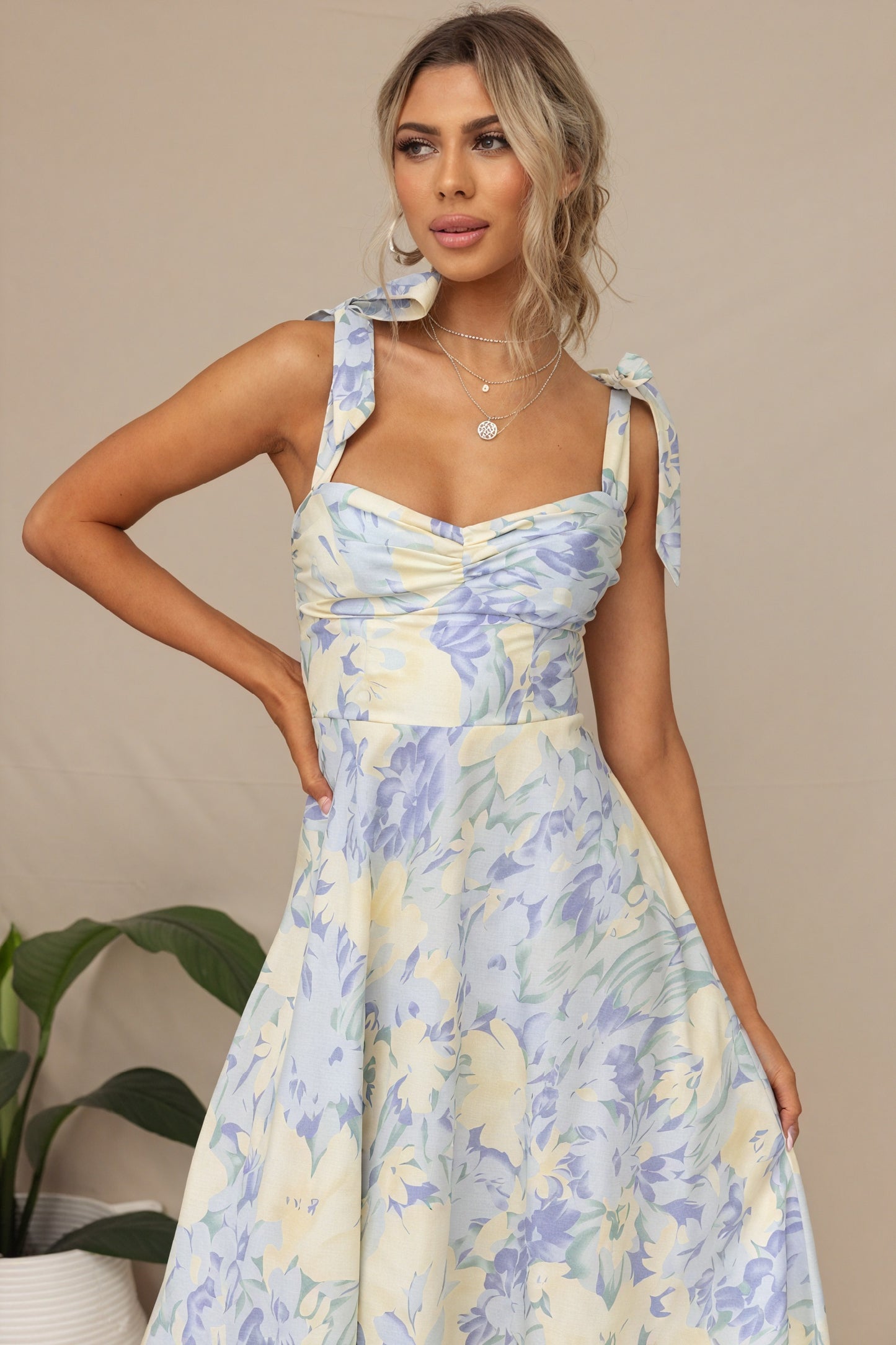 Floral Midi Dress - Tie Straps, Sweetheart Neck