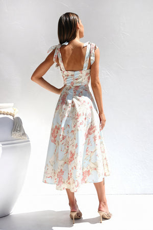 Floral Midi Dress - Tie Straps, Sweetheart Neck