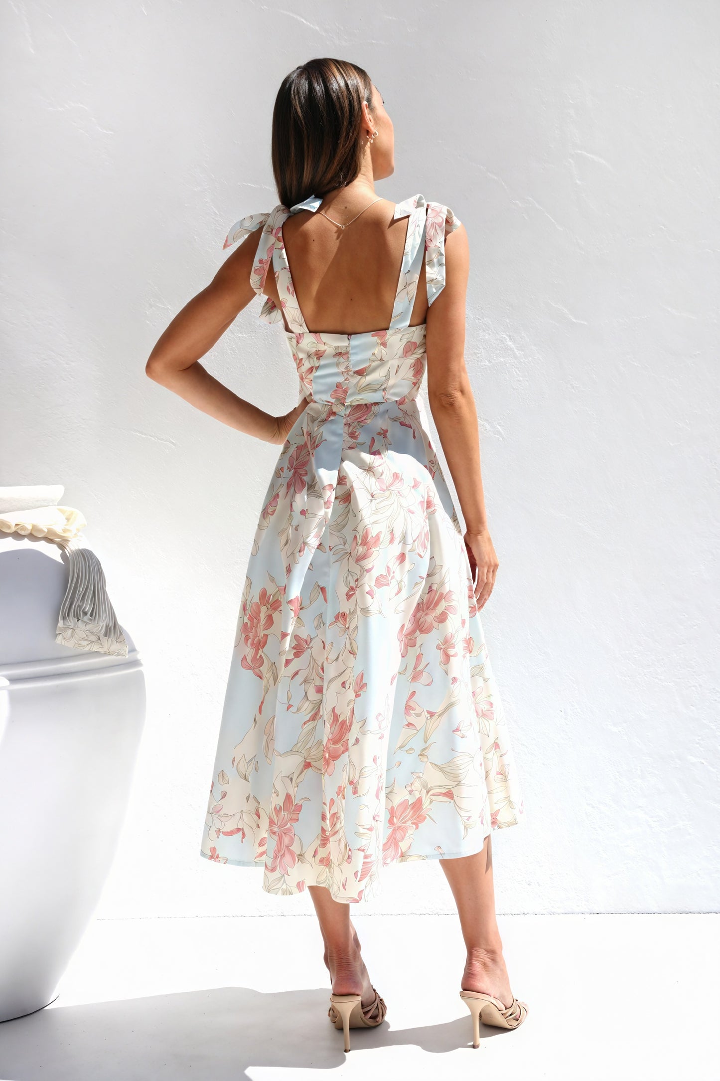 Floral Midi Dress - Tie Straps, Sweetheart Neck