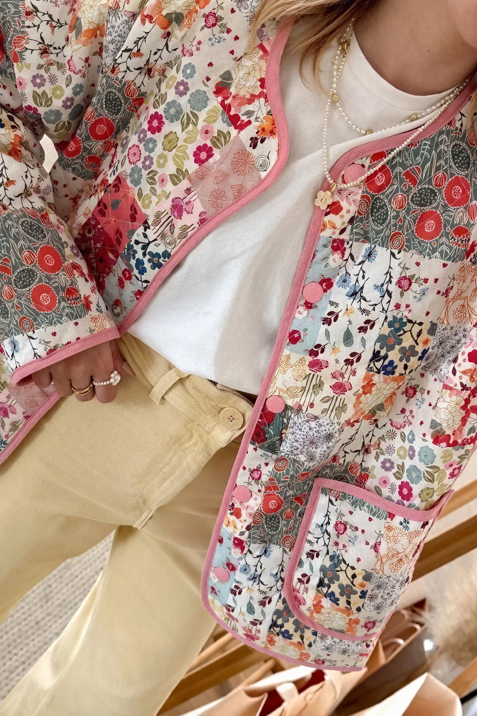 Patchwork Jacke - Blumenmuster, Gesteppt