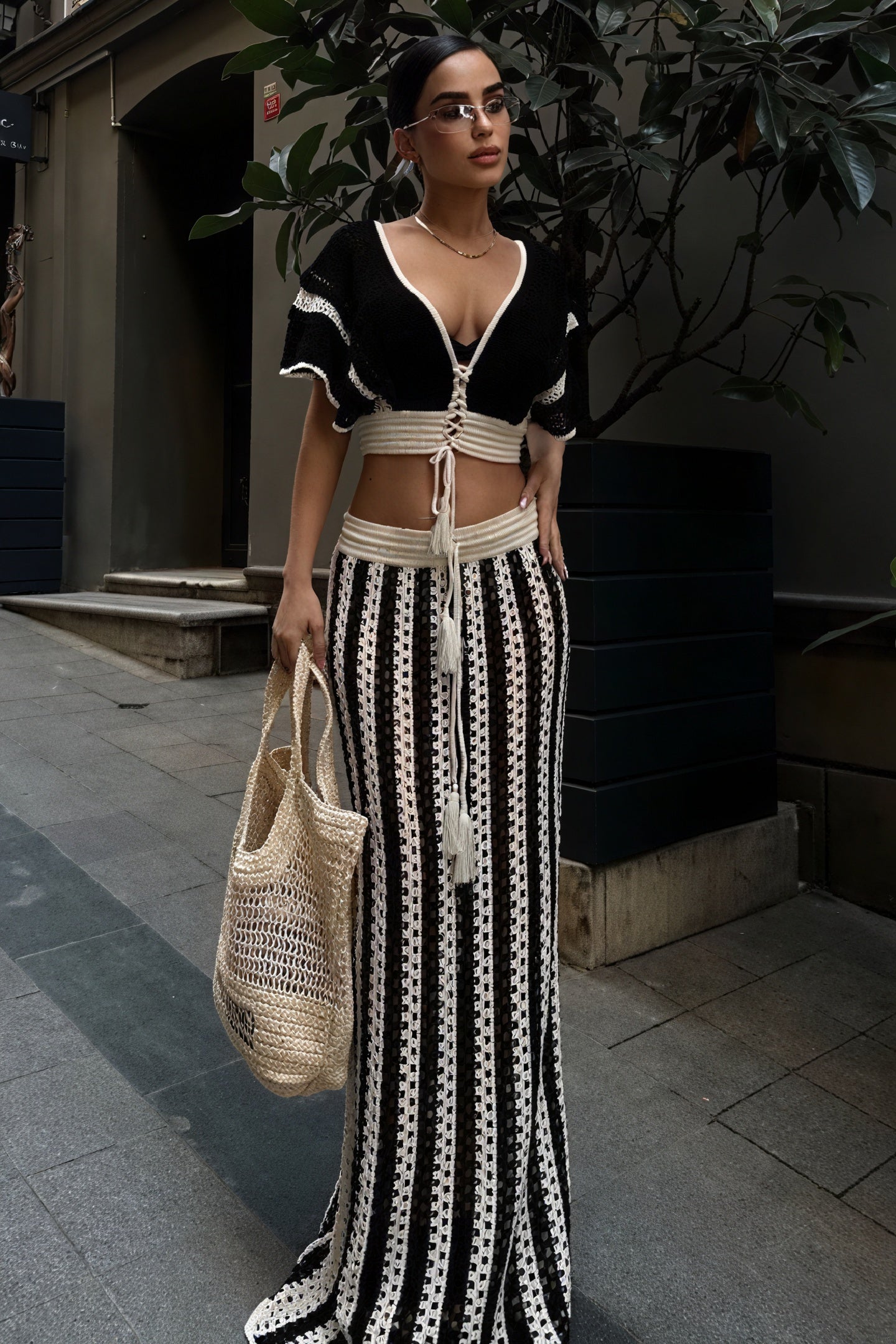 Crochet Crop Top & Skirt Set - High-Waisted