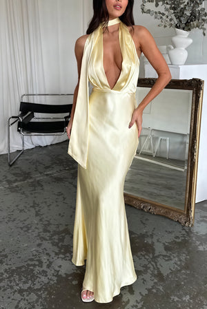 Neckholder Maxikleid - Gelb, Tiefer V-Ausschnitt