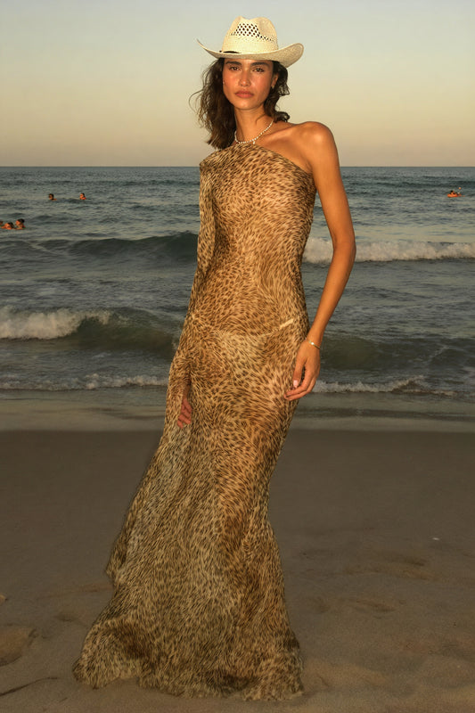 Animal-Print Maxikleid mit One-Shoulder