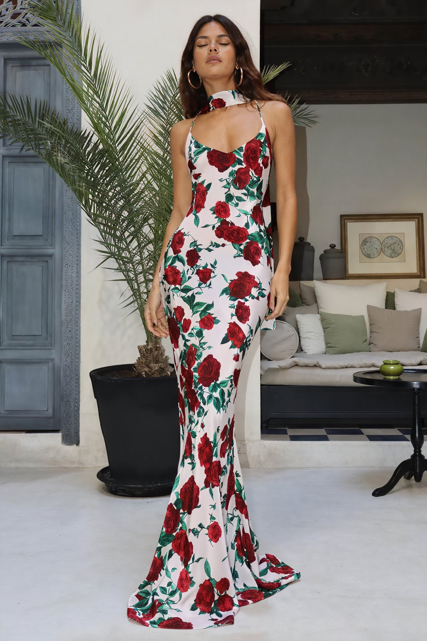 Floral Maxi Dress - Halter Neckline, Flowing Fit