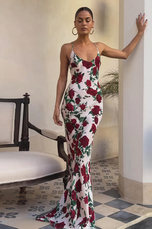 Floral Maxi Dress - Halter Neckline, Flowing Fit