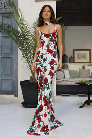 Floral Maxi Dress - Halter Neckline, Flowing Fit