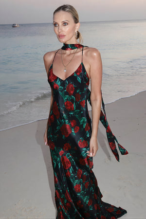 Floral Maxi Dress - Halter Neckline, Flowing Fit