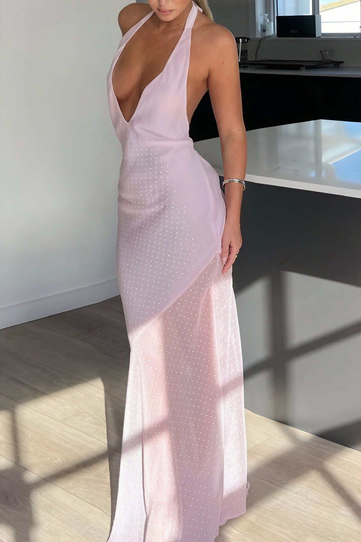 Floral Maxi Dress - Open Back, Halter Neck