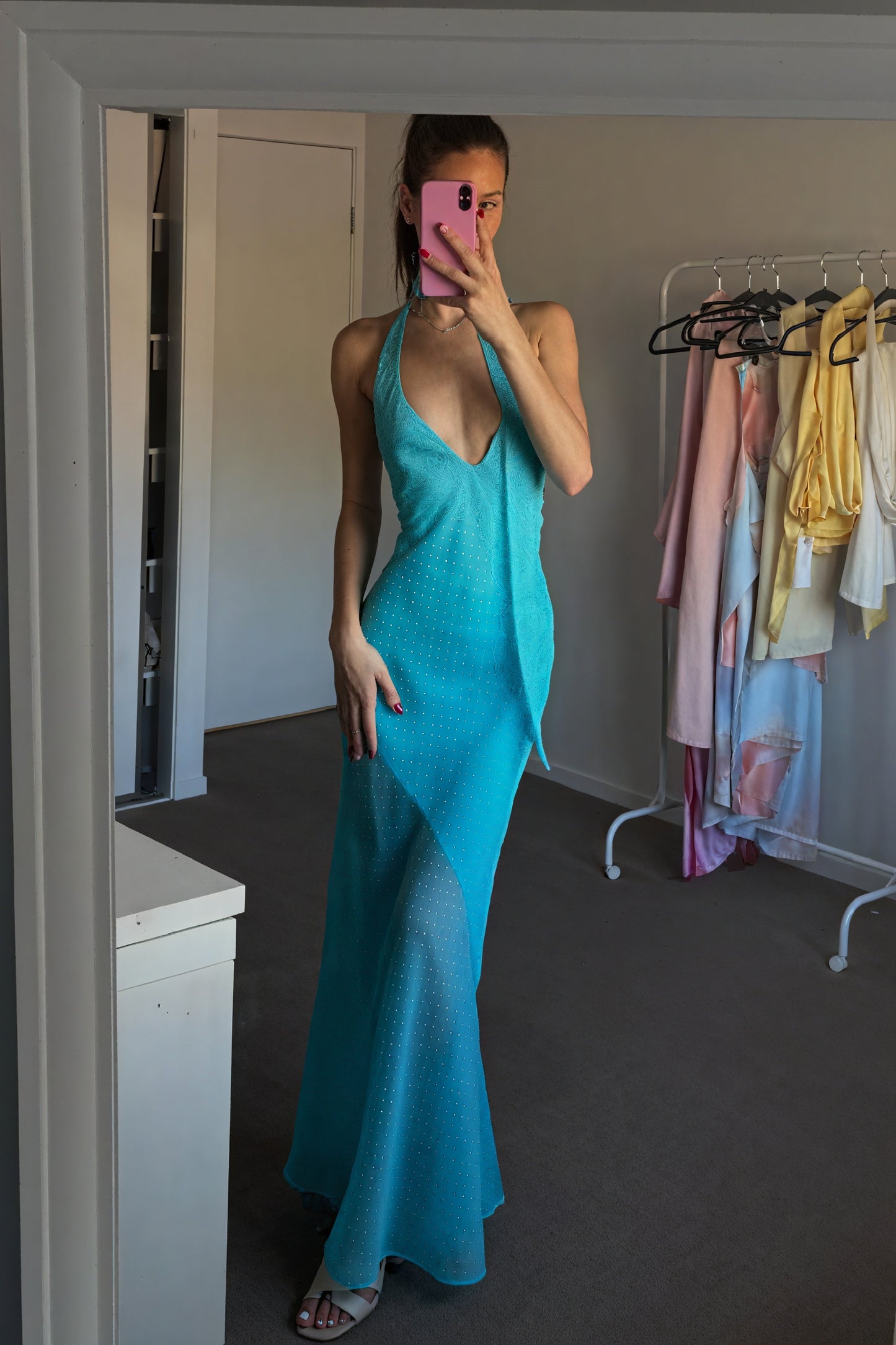 Floral Maxi Dress - Open Back, Halter Neck