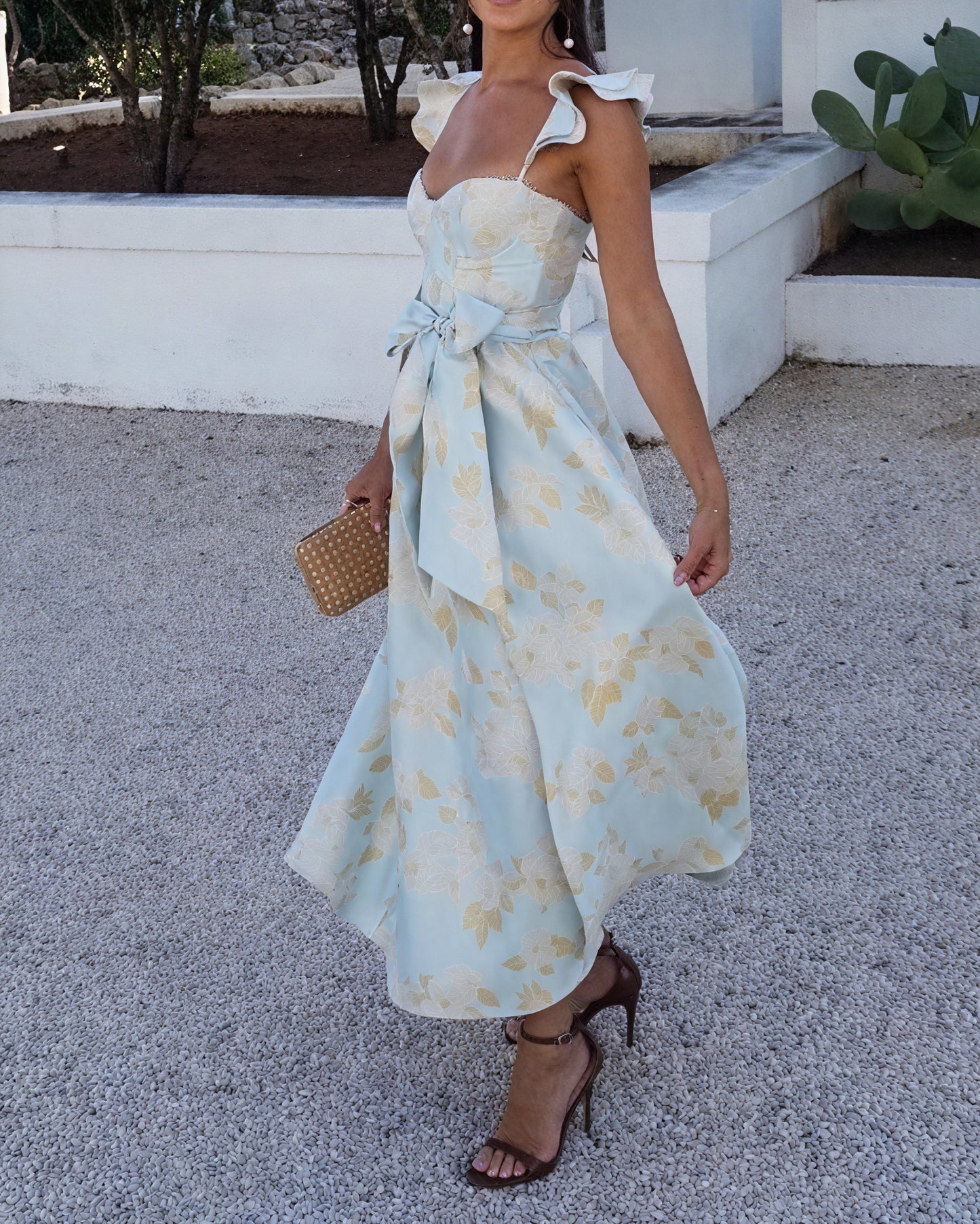 Damen Midikleid – Blumenmuster, Ärmellos, Schleife, Schlitz-81250-00e60505-a83d-4b81-825d-fa03530a32de