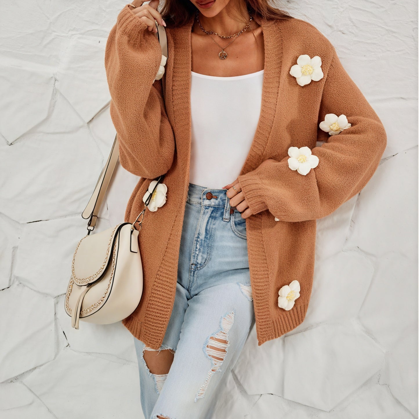 Florale Strickjacke - Offen, Braun