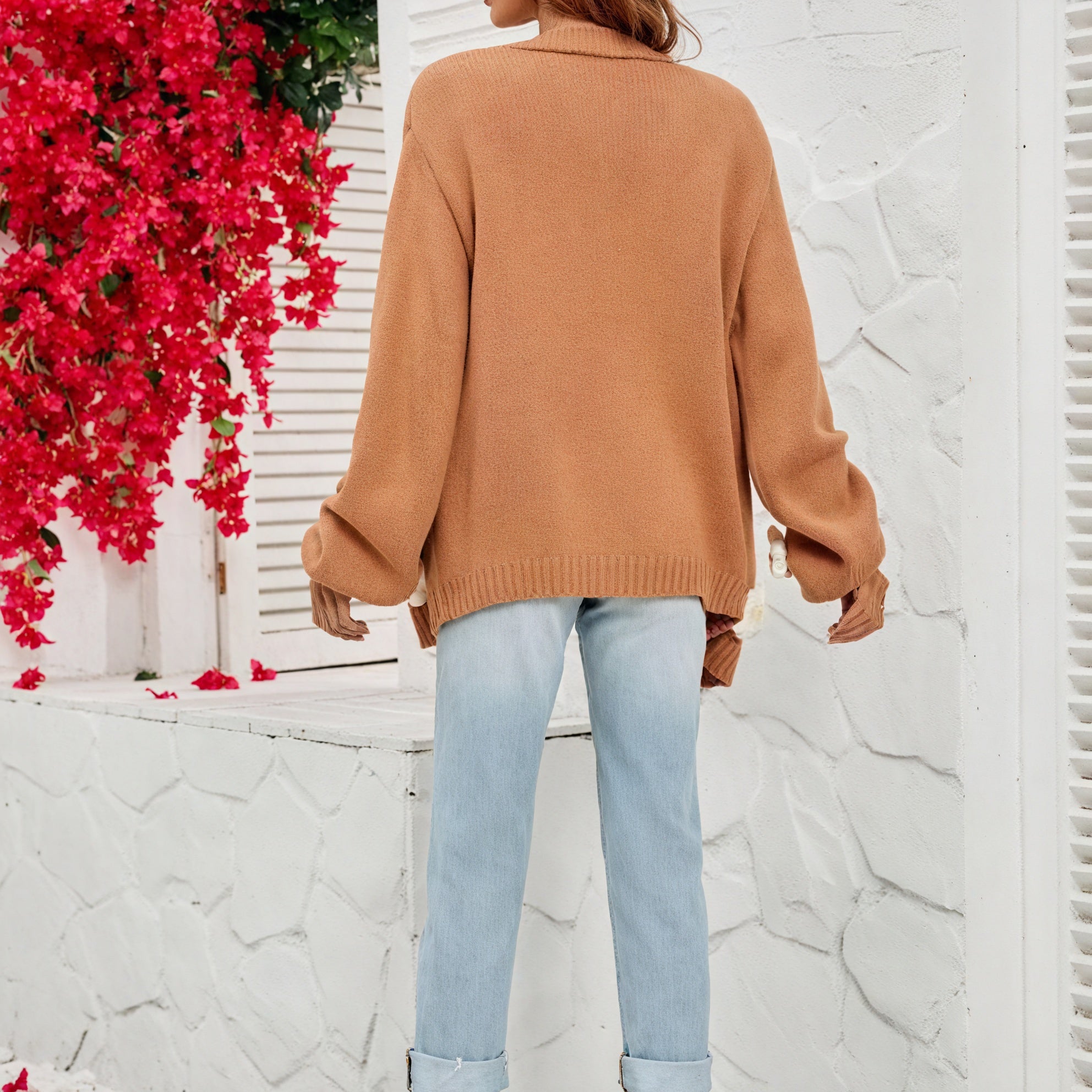 Florale Strickjacke - Offen, Braun