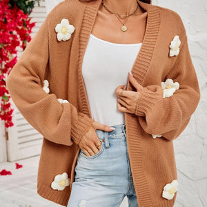 Florale Strickjacke - Offen, Braun