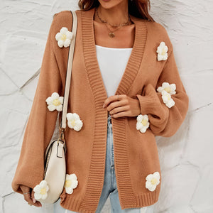 Florale Strickjacke - Offen, Braun