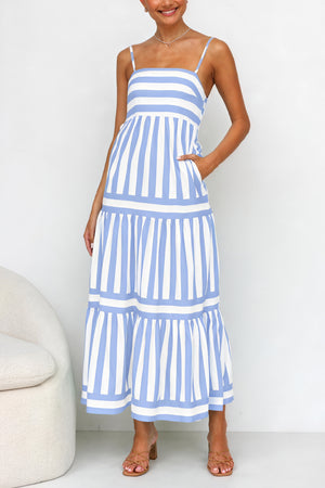 Striped Maxi Dress - Tiered Skirt & Pockets
