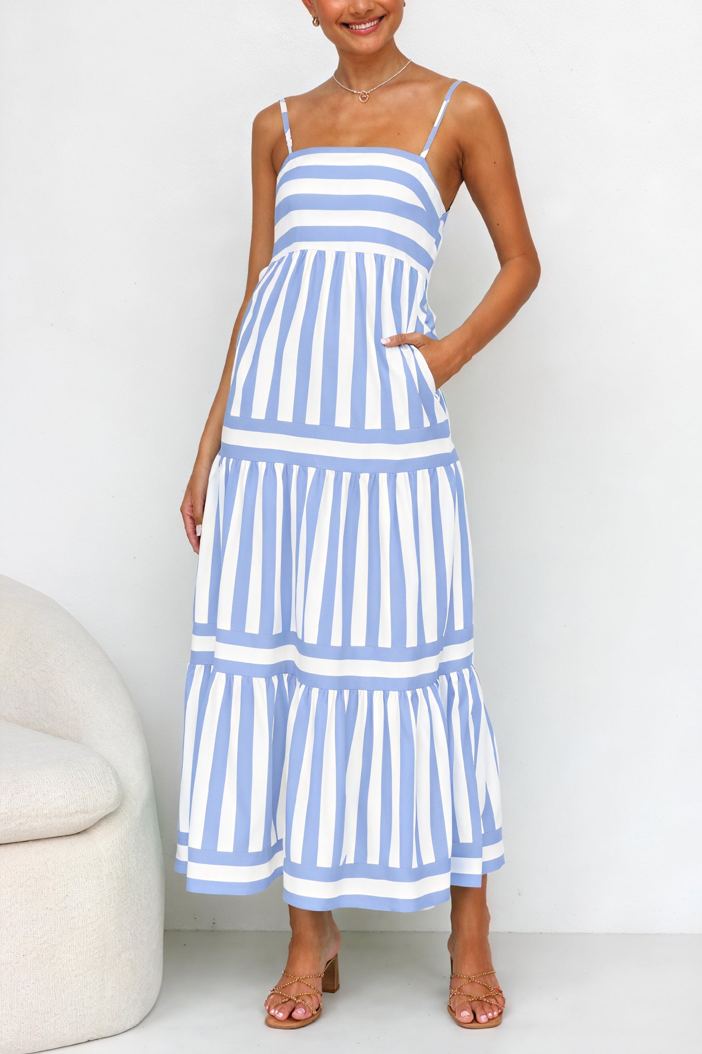 Striped Maxi Dress - Tiered Skirt & Pockets