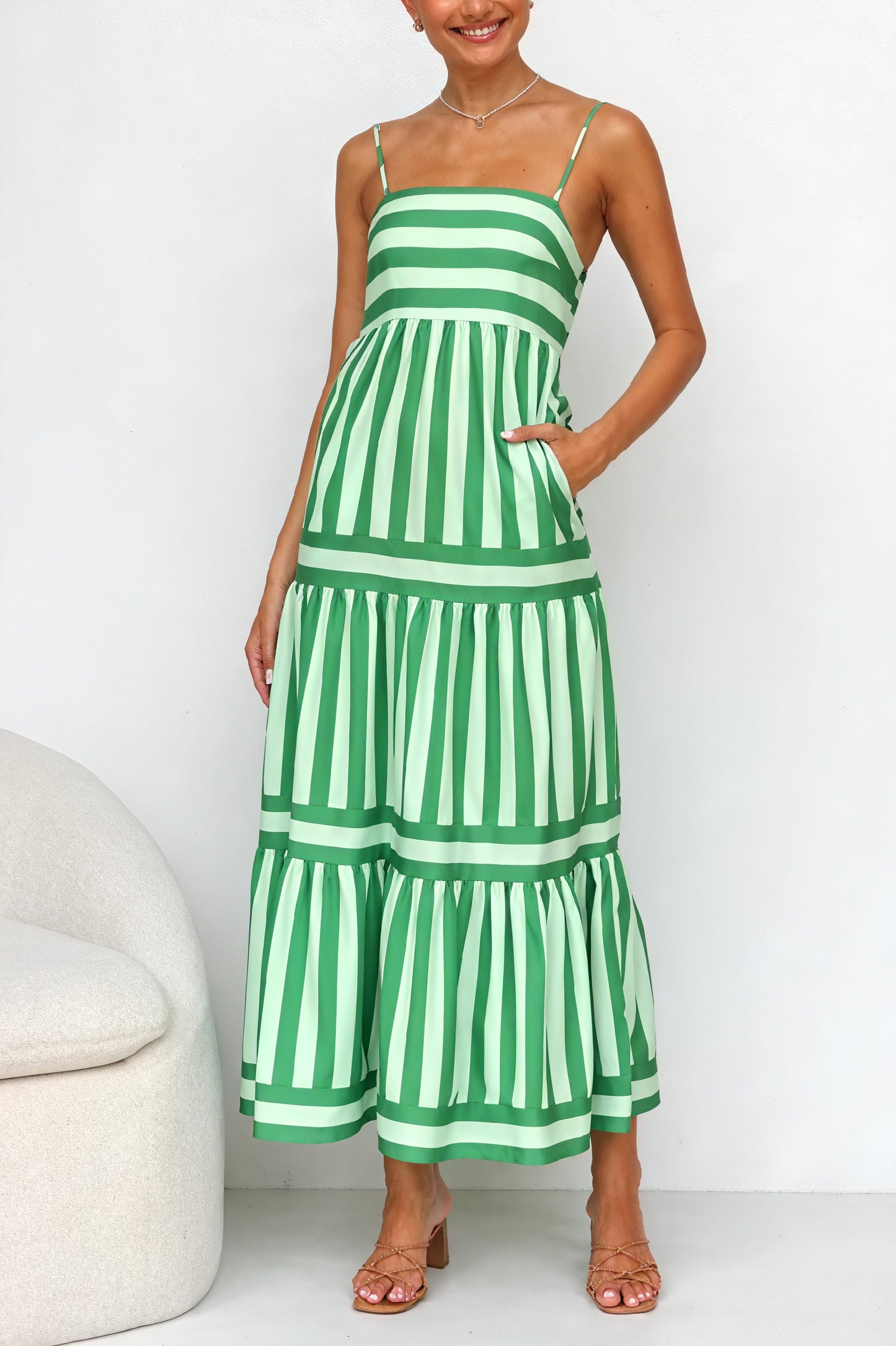 Striped Maxi Dress - Tiered Skirt & Pockets