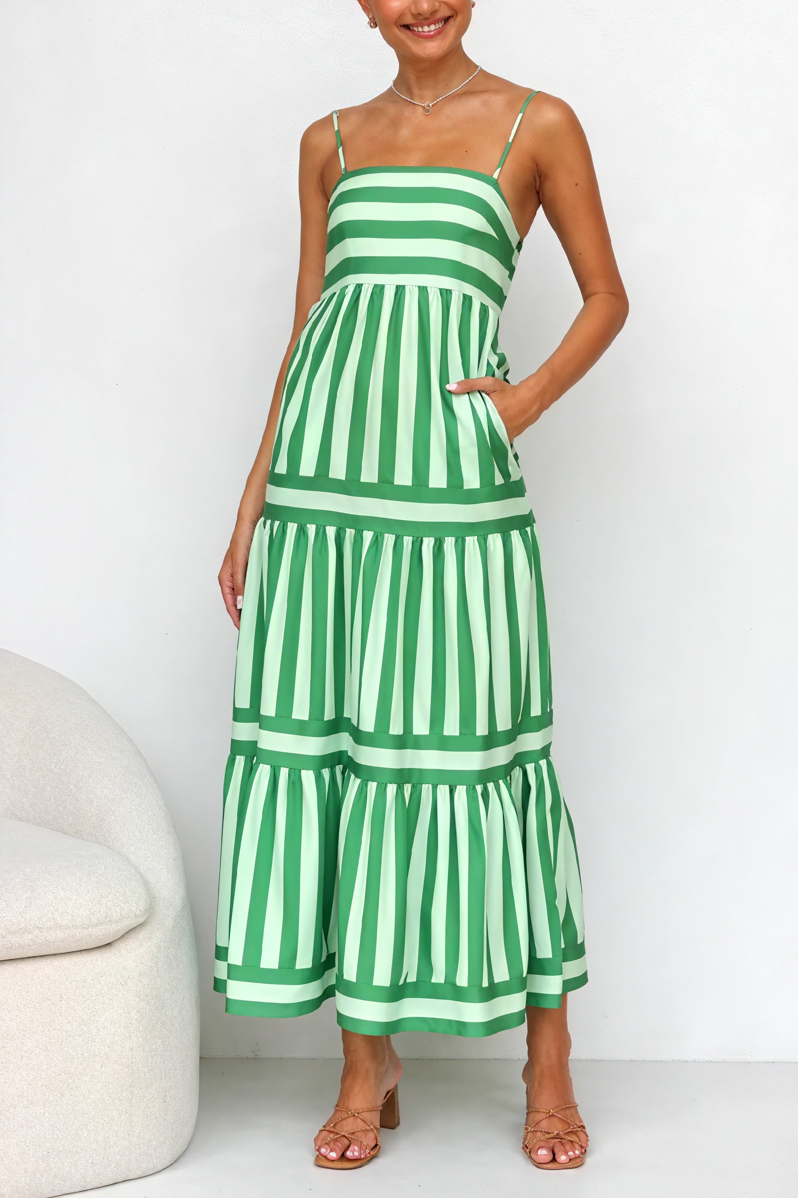 Striped Maxi Dress - Tiered Skirt & Pockets