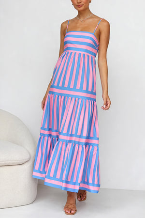 Striped Maxi Dress - Tiered Skirt & Pockets