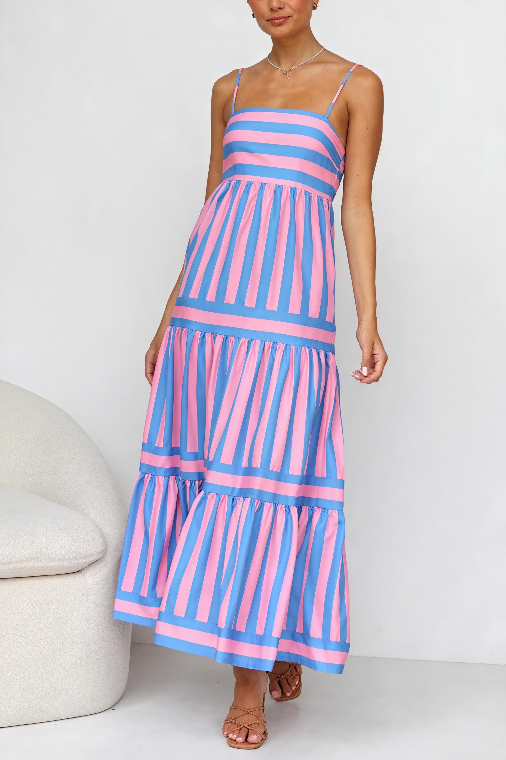 Striped Maxi Dress - Tiered Skirt & Pockets
