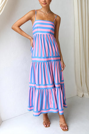 Striped Maxi Dress - Tiered Skirt & Pockets