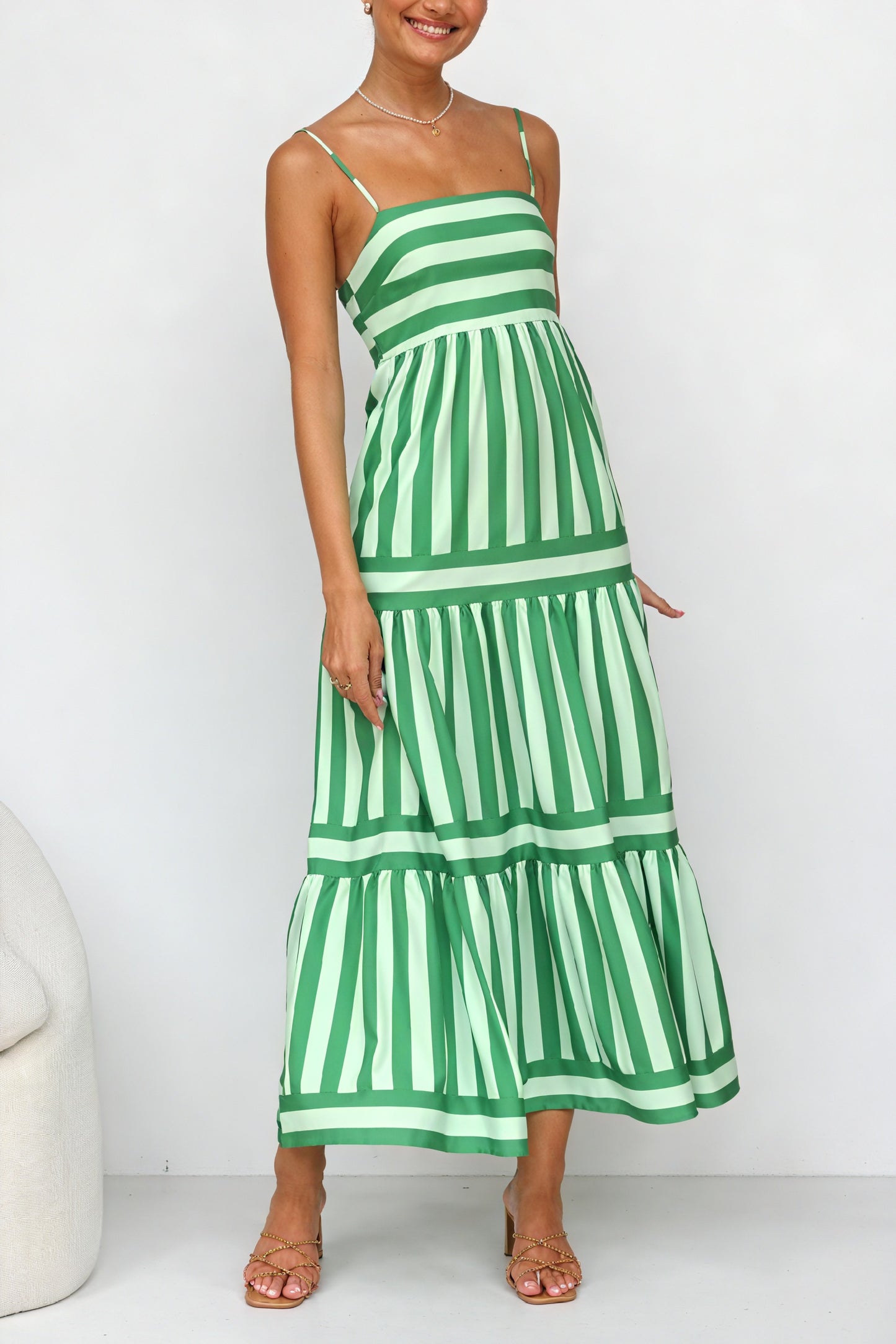 Striped Maxi Dress - Tiered Skirt & Pockets