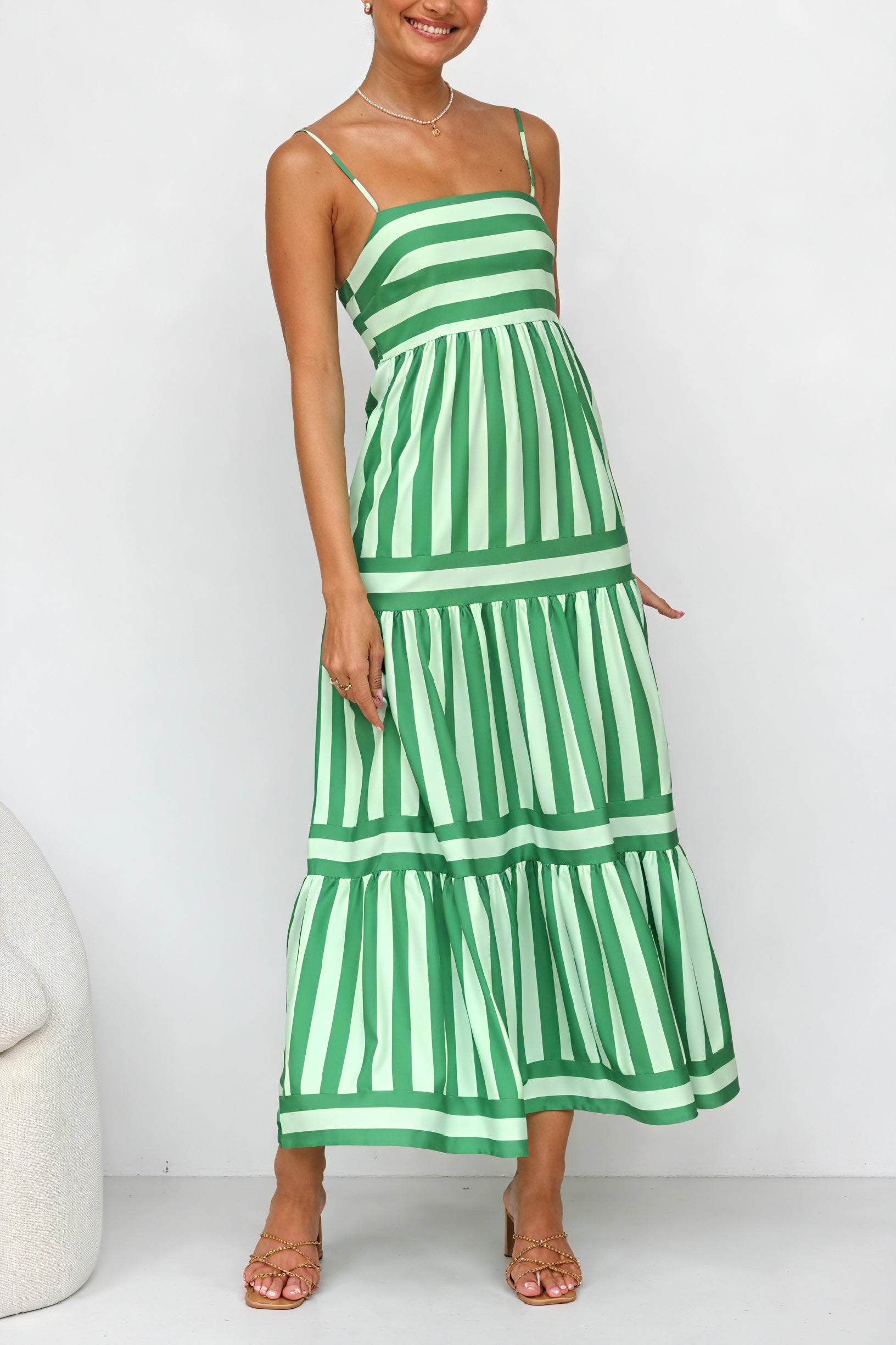 Striped Maxi Dress - Tiered Skirt & Pockets