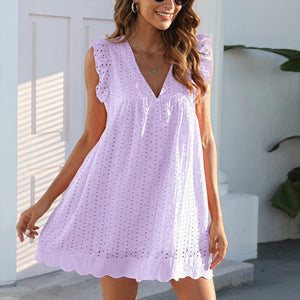 Damen Kleid Perforiert V-Ausschnitt Ärmellos Wellensaum Atmungsaktiv Sommer Casual Stilvoll-81587-cece441b-93ed-467f-a8e5-5858bbbeb839