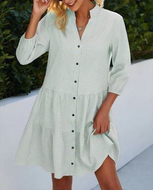 Gingham-Kleid Damen Knopfleiste Dreiviertelärmel Stufenrock – Klassisch & Vielseitig-81722-89f4bcd1-ddff-4503-b1e0-d1ec3b961276