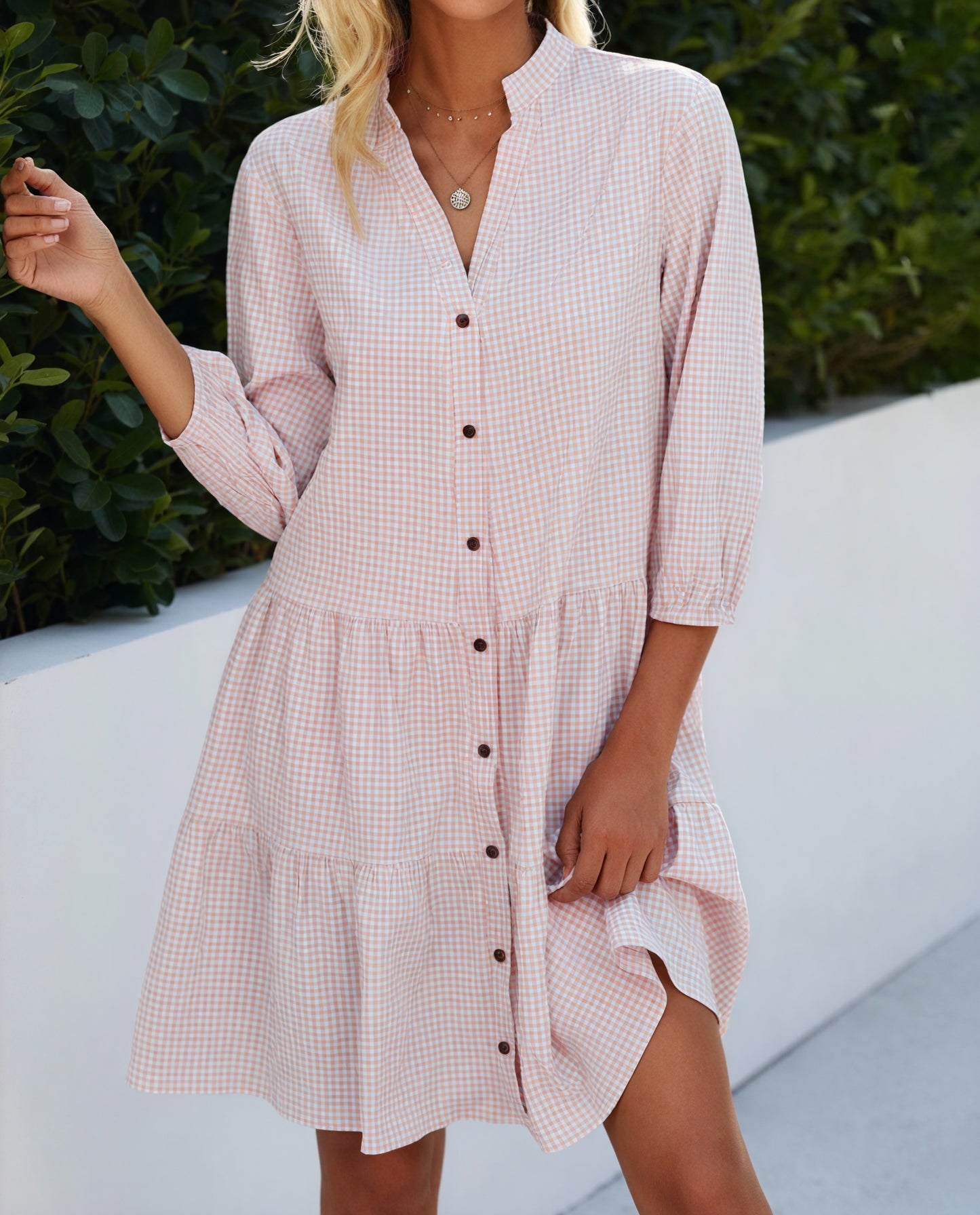 Gingham-Kleid Damen Knopfleiste Dreiviertelärmel Stufenrock – Klassisch & Vielseitig-81722-746ff4dd-290d-49b7-88c0-526f9b546f02