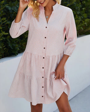 Gingham-Kleid Damen Knopfleiste Dreiviertelärmel Stufenrock – Klassisch & Vielseitig-81722-d338c8e3-5ae4-496a-a079-c7b198efa29f
