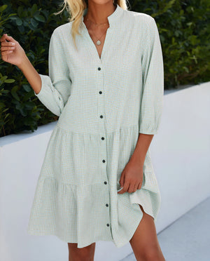 Gingham-Kleid Damen Knopfleiste Dreiviertelärmel Stufenrock – Klassisch & Vielseitig-81722-c6b69fdd-d066-40ac-92f2-43ad8d7b4323