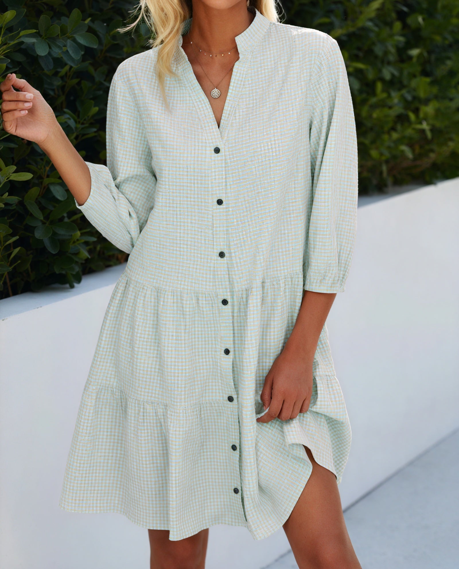 Gingham-Kleid Damen Knopfleiste Dreiviertelärmel Stufenrock – Klassisch & Vielseitig-81722-c6b69fdd-d066-40ac-92f2-43ad8d7b4323
