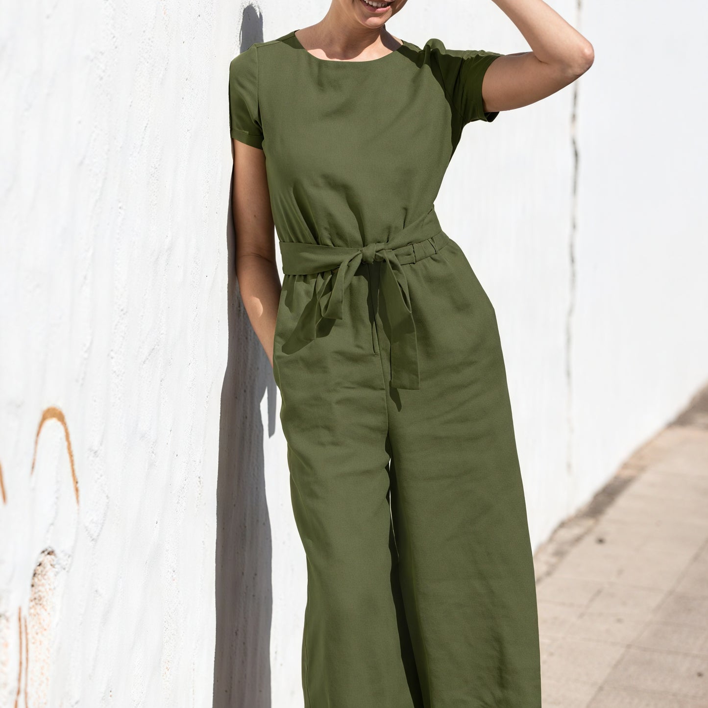 Weitbein Jumpsuit - Elastische Taille, Leinen