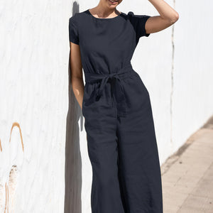 Weitbein Jumpsuit - Elastische Taille, Leinen