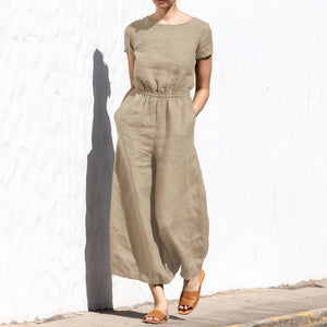 Weitbein Jumpsuit - Elastische Taille, Leinen
