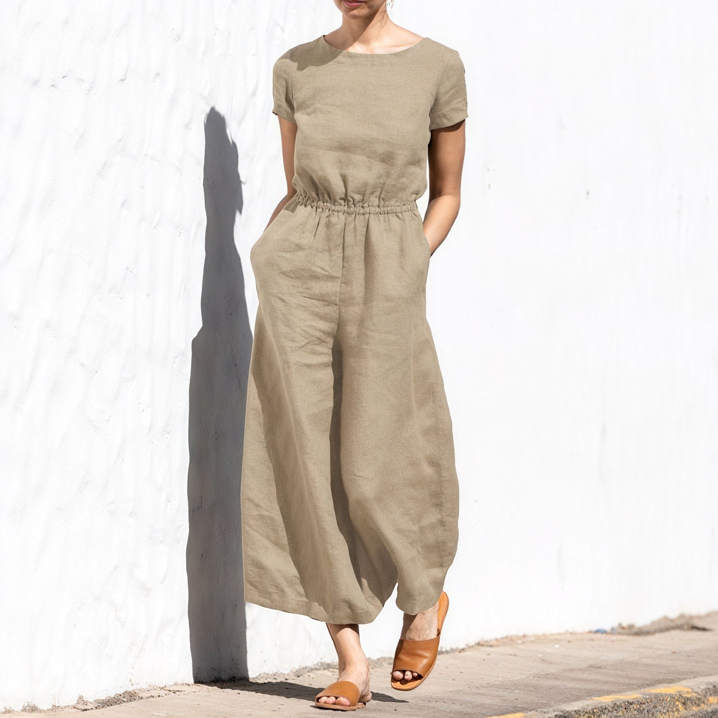 Weitbein Jumpsuit - Elastische Taille, Leinen