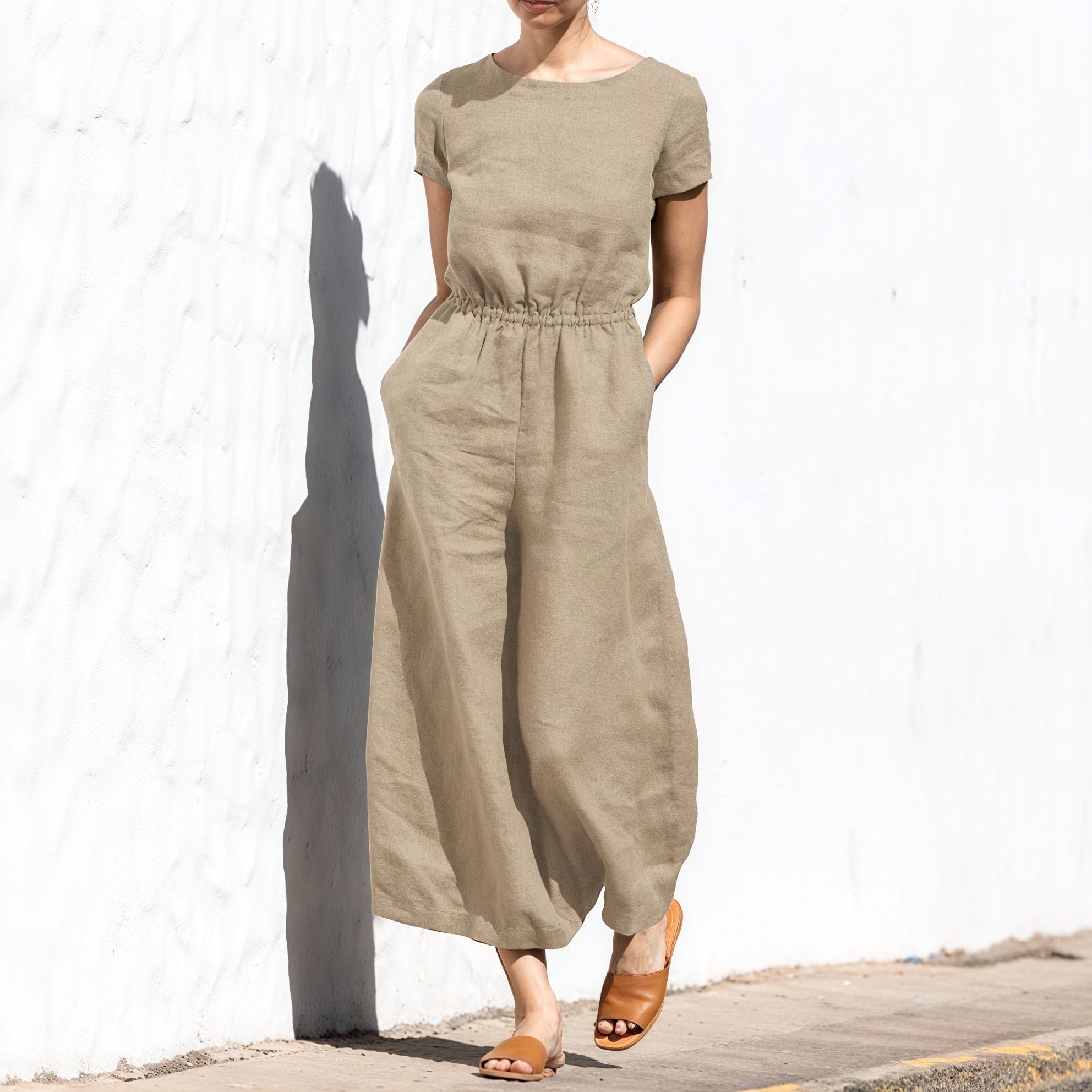 Weitbein Jumpsuit - Elastische Taille, Leinen