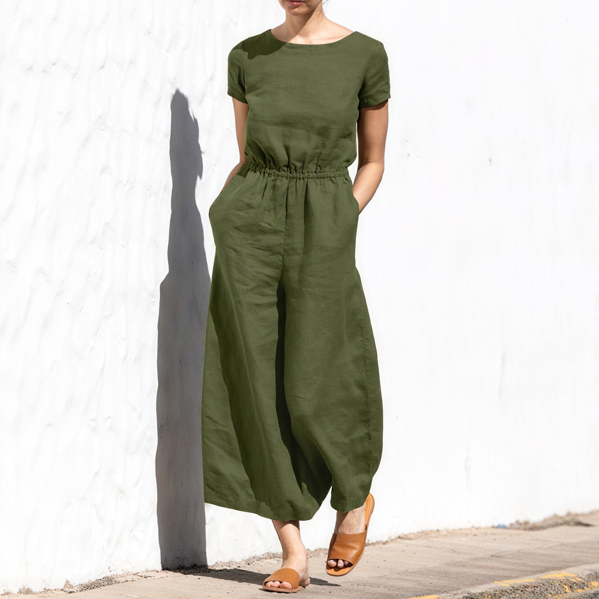Weitbein Jumpsuit - Elastische Taille, Leinen