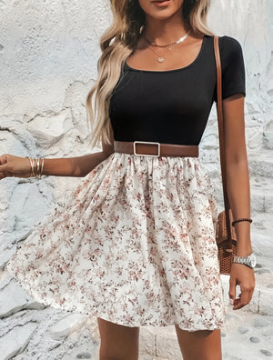 Damen Kleid Zweiteiler Karree-Ausschnitt Kurze Ärmel Blumenrock Feminines Design Sommerkleid-82320-32642e98-dc01-4609-bc54-fecb3457304c