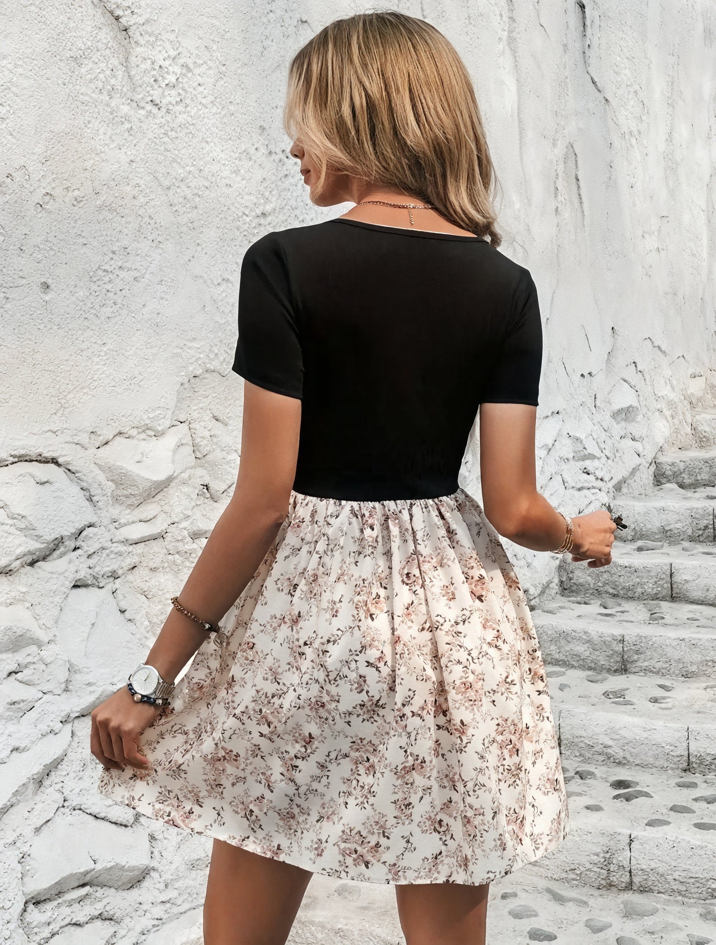 Damen Kleid Zweiteiler Karree-Ausschnitt Kurze Ärmel Blumenrock Feminines Design Sommerkleid-82320-3aa00063-3fd6-46f8-a7af-9b9c49cada6b