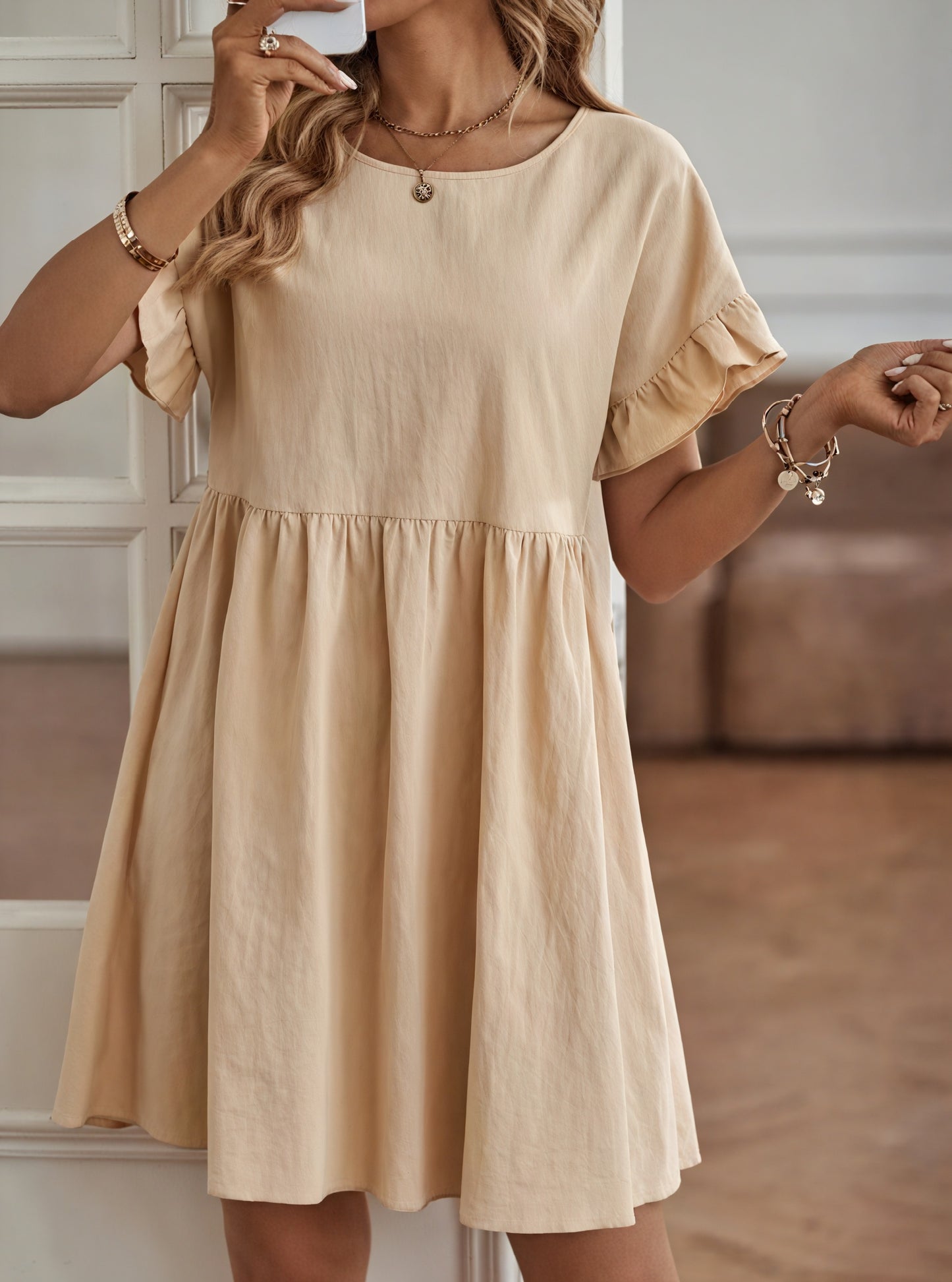 Damen A-Linien Kleid mit Rüschenärmeln, Tailliert, Kurzarm, Casual-82588-04e874b0-3b16-4c7d-b8c2-bba915c3dfa5