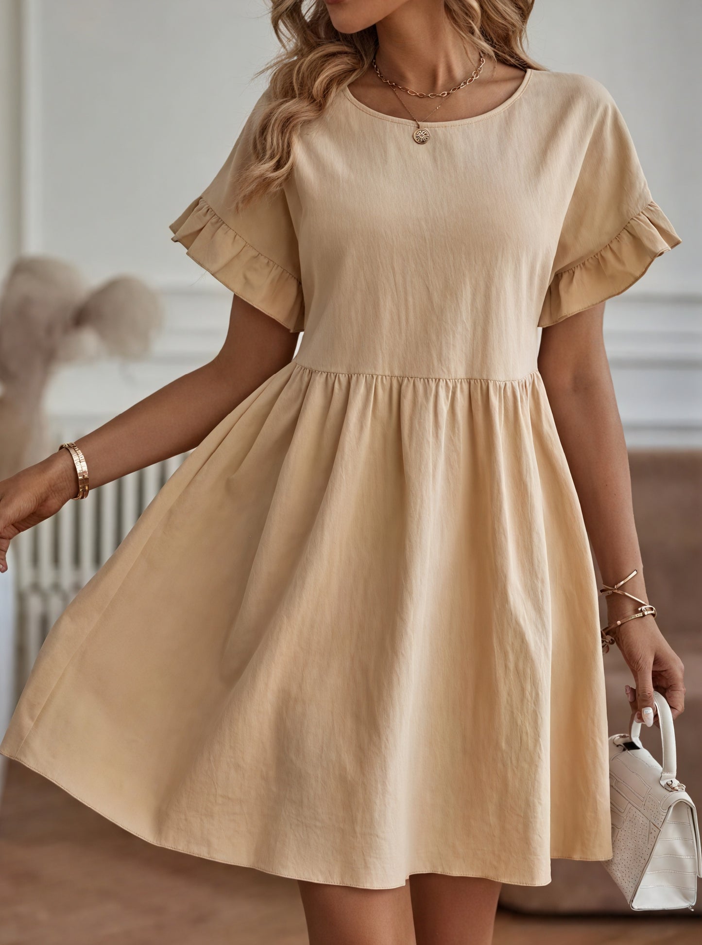 Damen A-Linien Kleid mit Rüschenärmeln, Tailliert, Kurzarm, Casual-82588-01110920-9c12-493d-b324-a35125b0d62b